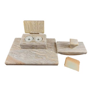 1930s Art Deco Solid Marble Double Inkwell With Ceramic Inserts Pen Rest & Blotter For Sale