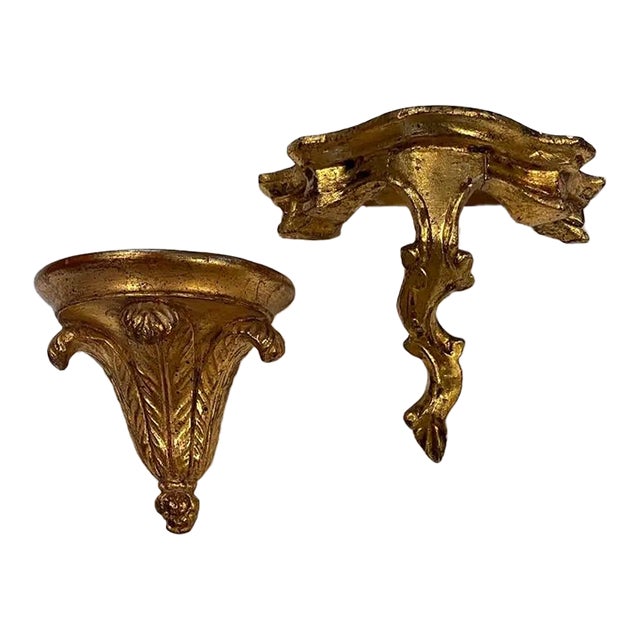 Set of 2 Mid-Century Italian Gilt Wall Shelves or Decorative Brackets For Sale