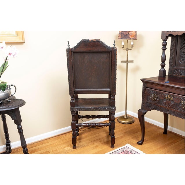 Brown Early 19th Century Jacobean-Era Tooled Leather Back & Seat Chair For Sale - Image 8 of 10