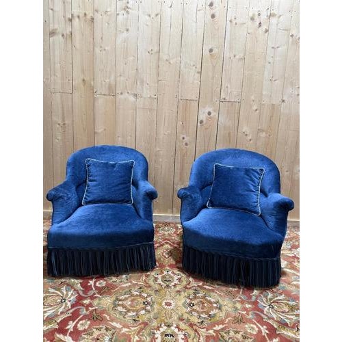 Blue Napoleon III Blue Velvet Toadstool Armchairs, Set of 3 For Sale - Image 8 of 8
