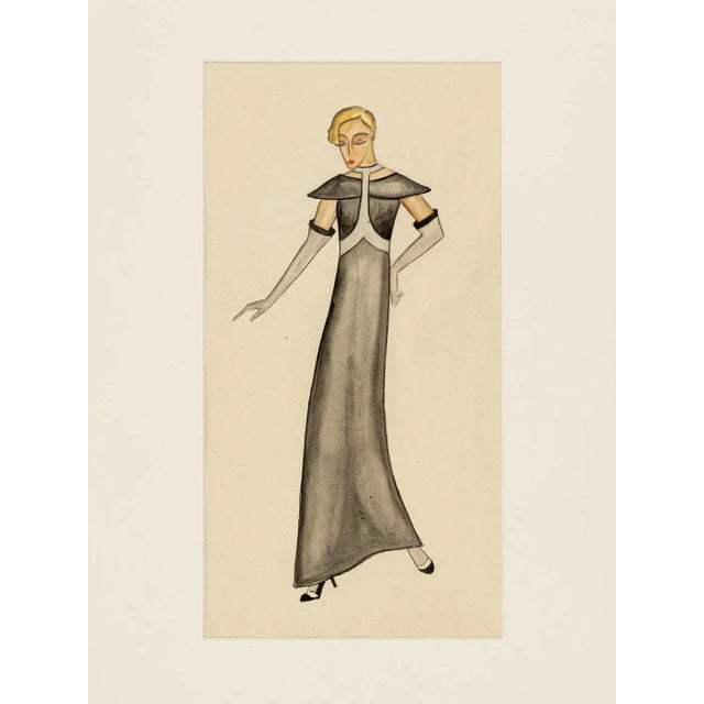 Art Deco Fashion Drawings IV, 1920s, Gouache on Paper, Framed, Set of 3 For Sale - Image 4 of 10