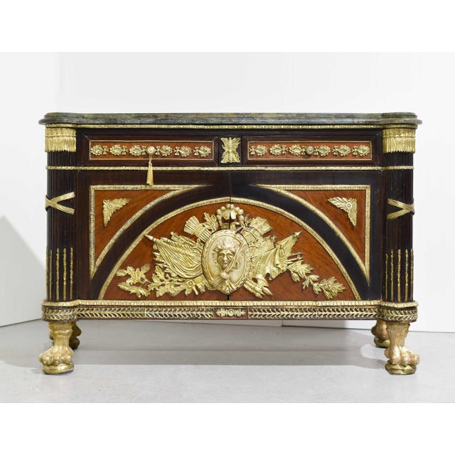 Louis XVI Trophy Commode à Vantaux Bronze Mounted Marble Top Lion's Paw Reproduction of Benneman and Stöckel For Sale - Image 4 of 12
