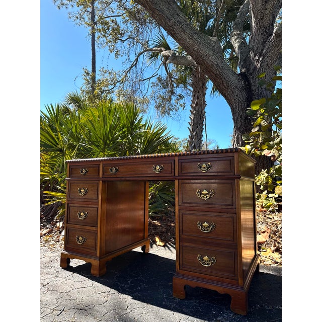 Antique John Wanamaker Solid Wood Pedestal Desk With Brass Hardware For Sale - Image 4 of 9