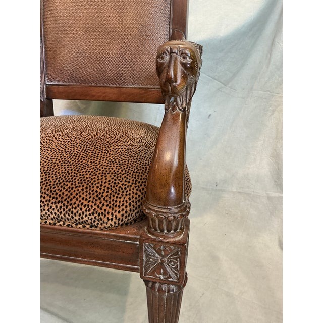 Late 20th Century Regency Style Carved Lion Head Armchair With Cane Back & Leopard Upholstery For Sale - Image 11 of 18