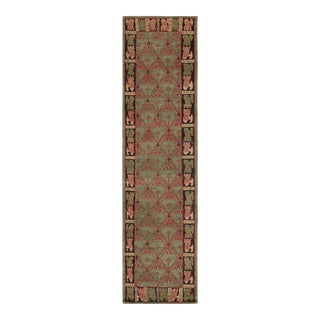 Rug & Kilim’s Traditional Geometric Green and Red Wool Custom Runner – “Cortez” For Sale
