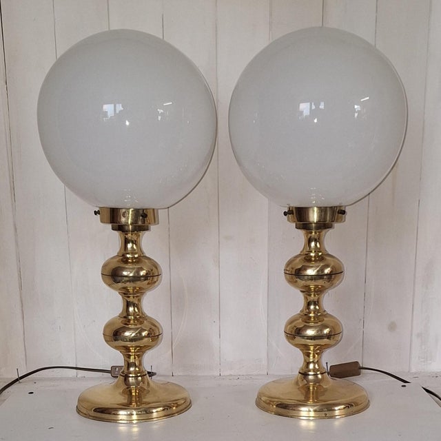 Vintage Brass Table Lamps with White Glass Shades, 1970s, Set of 2, in Very Good conditions. Designed 1970 to 1979...