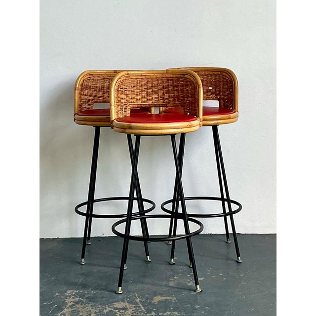 Camel Vintage Rattan and Metal Bar Stools - Set of 3 For Sale - Image 8 of 14