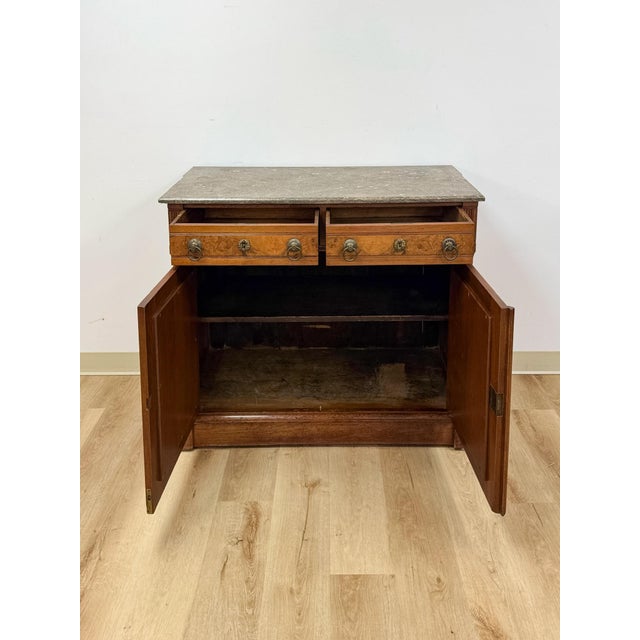 Antique French Provincial Marble Burlwood Buffet 2 Drawer Locking Cabinet For Sale - Image 12 of 18