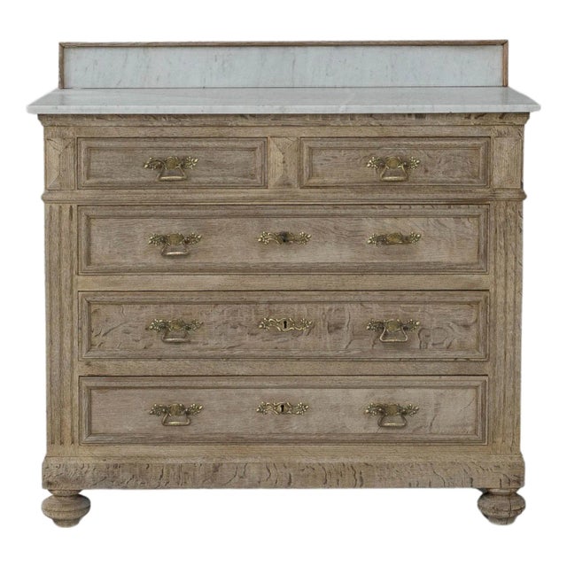 1900s French Louis XVI Oak Chest of Drawers With Marble Top For Sale