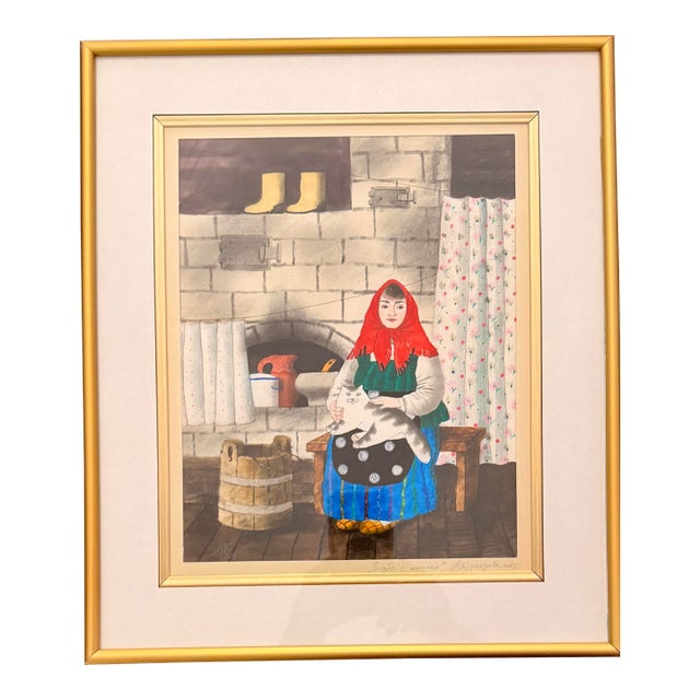 Grandma With a Cat Signed by Russian Artist I. Pluzhnikov For Sale