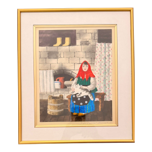 Grandma With a Cat Signed by Russian Artist I. Pluzhnikov