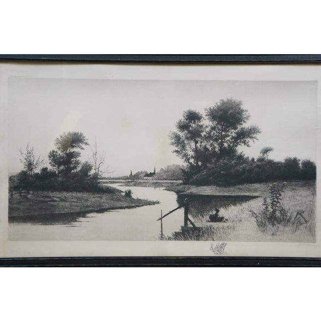 Late 19th Century Antique John Octavius Anderson Signed Riverscape With Dock Etching 28" For Sale - Image 5 of 12