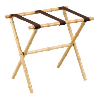 Natural Wood Bamboo Inspired Luggage Rack with 3 Brown Nylon Straps For Sale