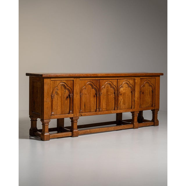 1970-1979 France Rich Walnut Brown Carved Walnut Gothic-Arch Buffet For Sale - Image 10 of 11