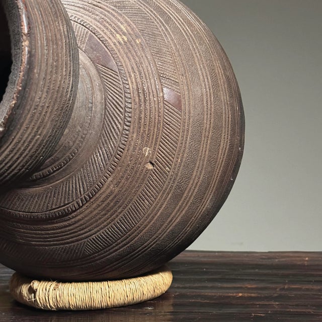Wood Antique African Nupe Gourd Form Clay Vessel/Tribal Art/Folk Art For Sale - Image 7 of 10