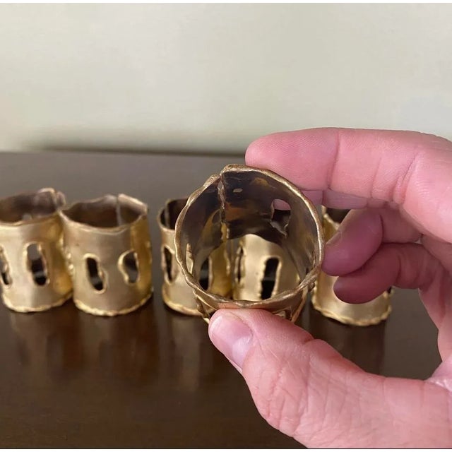 Brutalist Vintage Brass Brutalist Napkin Rings- Set of 6 For Sale - Image 3 of 7