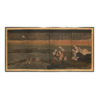 1960s After Hokusai "Gathering Shellfish", Japanese Yukiyo-E Byobu Screen For Sale