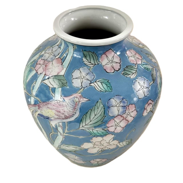 Chinoiserie Vintage 1970s Porcelain Chinese Floral and Bird Vase For Sale - Image 3 of 9