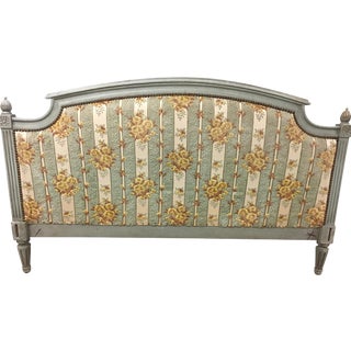 19th Century French Louis XVI Style Painted Upholstered Headboard With Side Rails For Sale
