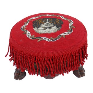 Round Mahogany Claw Foot Beaded Dog Motif Footstool For Sale