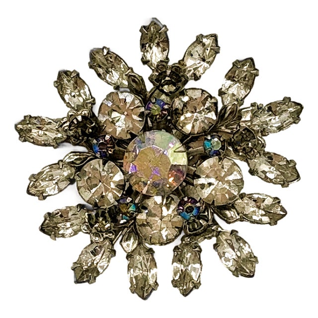 Vintage Glam Rhinestone Snowflake Starburst Brooch Silver Tone For Sale