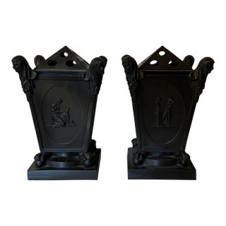 18th Century English George III Turner Basalt Bough Pot Urns or Vases With Caryatid Widow Masks & Egyptian Pyramid Lids - a Pair For Sale
