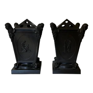18th Century English George III Turner Basalt Bough Pot Urns or Vases With Caryatid Widow Masks & Egyptian Pyramid Lids - a Pair