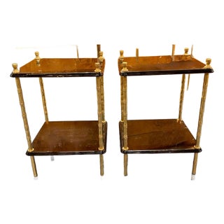 Pair of Jansen Style Black Lacquered and Brass Side Tables For Sale