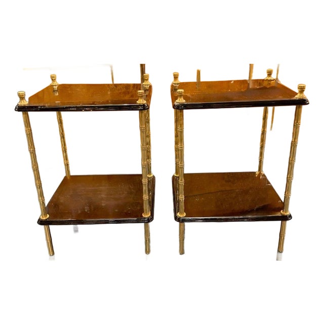 Pair of Jansen Style Black Lacquered and Brass Side Tables For Sale