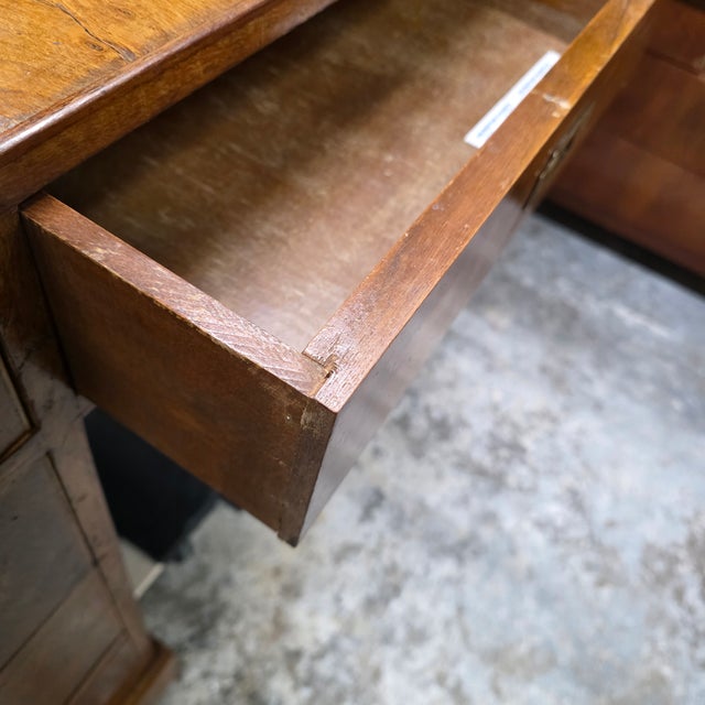 Wood Vintage Burlwood Campaign Kneehole Desk For Sale - Image 7 of 11