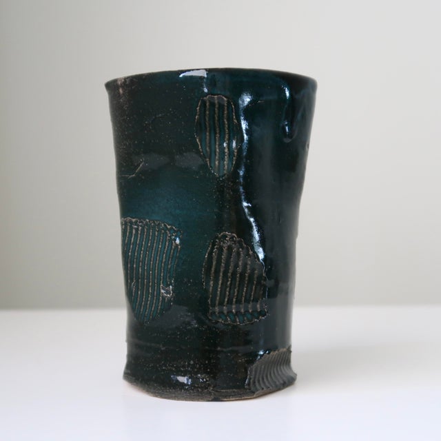 Contemporary Handbuilt Organic Sculptural Pinched Square Rim Ceramic Vase in Dark Teal Glaze With Ribbed Relief Pattern For Sale - Image 3 of 18