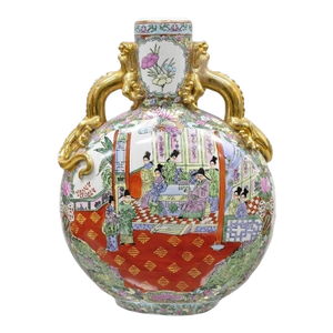 Vintage Chinese Famille Rose Porcelain Figural Orange Moon Flask Vase W/ Dragons