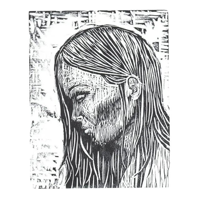 2002 Contemporary Portrait of Girl Linocut For Sale