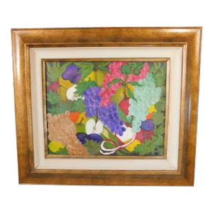 Vintage "Tutti Frutti" Original Acrylic Painting by Mary Grace Colla Gold Wood Frame
