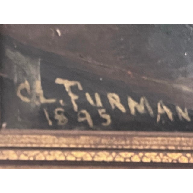 Wood Antique 1895 Victorian Genre Oil Painting by C. L. Furman – Signed & Dated For Sale - Image 7 of 12
