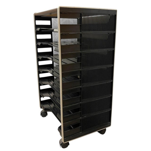 Metal Vintage Rolling Office File Organizer Cart With Tiered Plastic Trays, Wood Top. For Sale - Image 7 of 10
