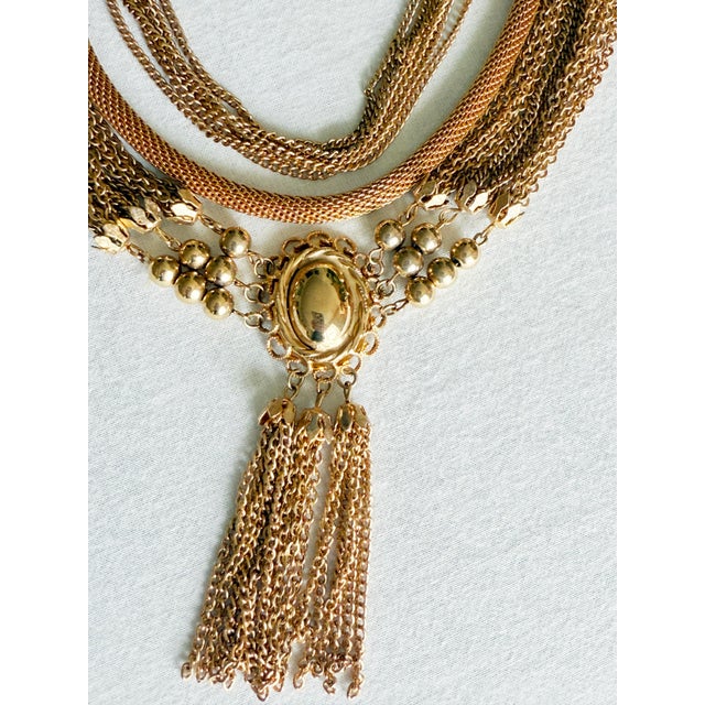 Hollywood Regency Vintage 1970s Gold Tone Multi-Strand Tassel Bib Necklace, Etruscan Revival Style For Sale - Image 3 of 16