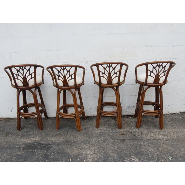 Hollywood Regency Bamboo Rattan Swivel Barstools a Set of Four 6367 For Sale - Image 4 of 18