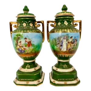 Vintage Green Erphila Czecho Slovakia Footed Urns With Lids Pair