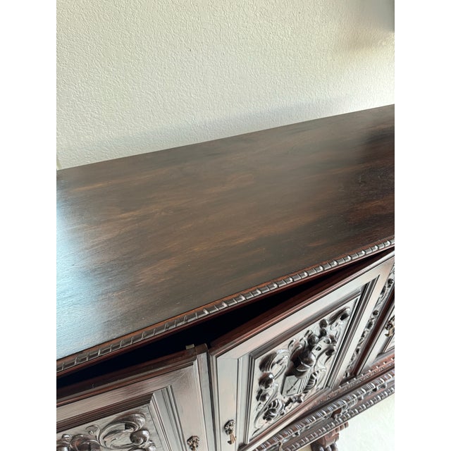 1950s Heavily Carved Spanish Style MCM Sideboard W/ All Keys For Sale In Dallas - Image 6 of 12