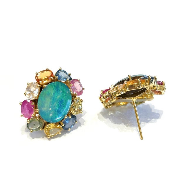 Bochic "Orient" Vintage Opal & Multi Fancy Sapphire Earrings 18K Gold&Silver For Sale - Image 17 of 18