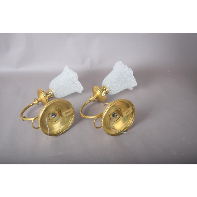 Brass Wall Sconces with Frosted Textured Tulip Glass Shades, 1950s, Set of 2 For Sale - Image 9 of 15