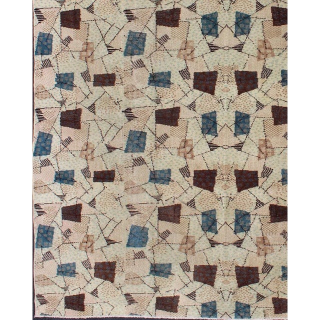 Mid-Century Modern Vintage Turkish Rug With Mid-Century Modern Design in Dusty Blue, Brown, L.Green For Sale - Image 3 of 13
