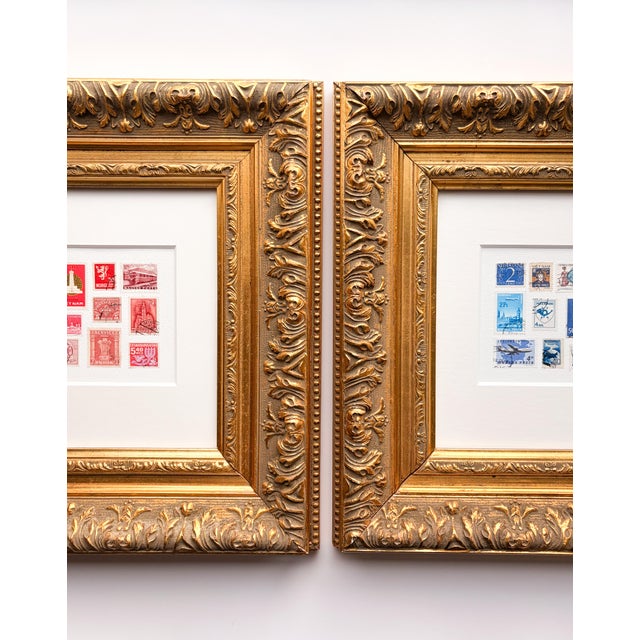 Metal Framed Vintage Postage Stamp Collage, Petites Couleurs: Rouge For Sale - Image 7 of 9