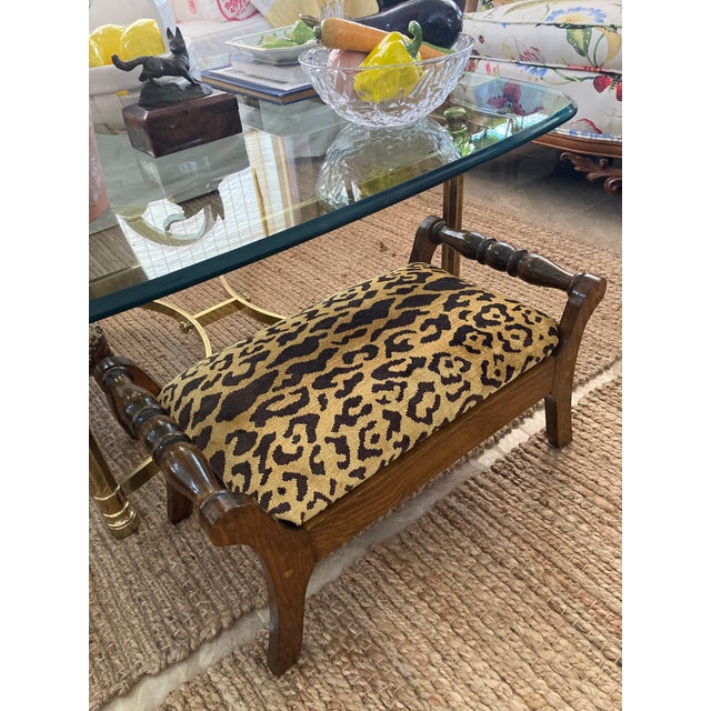 Wood 1980s Vintage Oak Footstool Scalamandre Leopardo For Sale - Image 7 of 9