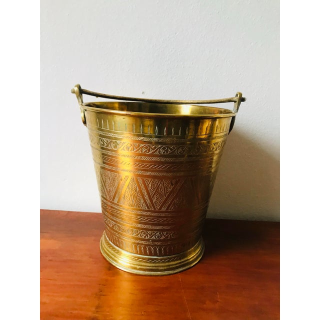 Charming Geometric Etched Vintage Brass Water Bucket For Sale - Image 4 of 10