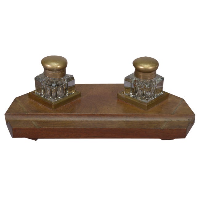 Art Deco Inkwell Wooden Support with Brass Inlay 2 Uraline Glass Inkwell, 1930s, Set of 3 For Sale