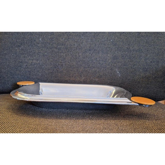 Art Deco Silver-Plated Pastry Bowl with Yellow-Brown Bakelite Handles, 1930s For Sale - Image 3 of 7