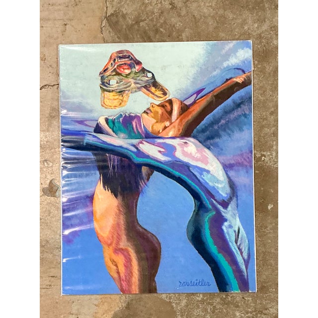Purple Vintage Ron Seitler Figurative Oil Crayon Drawing For Sale - Image 8 of 12