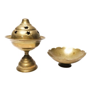 1960s Hollywood Regency Brass Pedestal Incense Burner - 2 Pieces For Sale